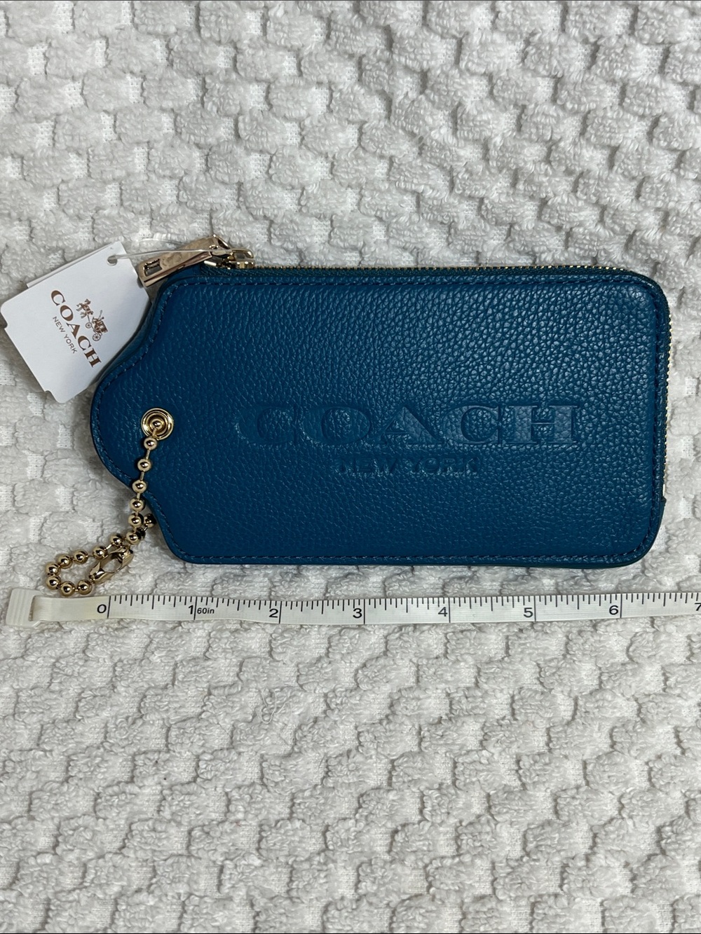 Coach Pebbled Leather Hang Tag Coin Purse in Deep Teal Blue with Gold Hardware